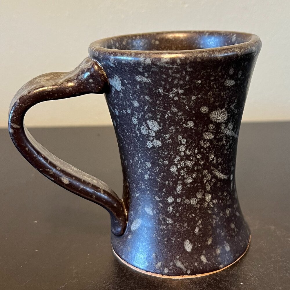 Handcrafted Studio Pottery Mug Cup Charcoal Grey Splatterware Signed MRN 10oz